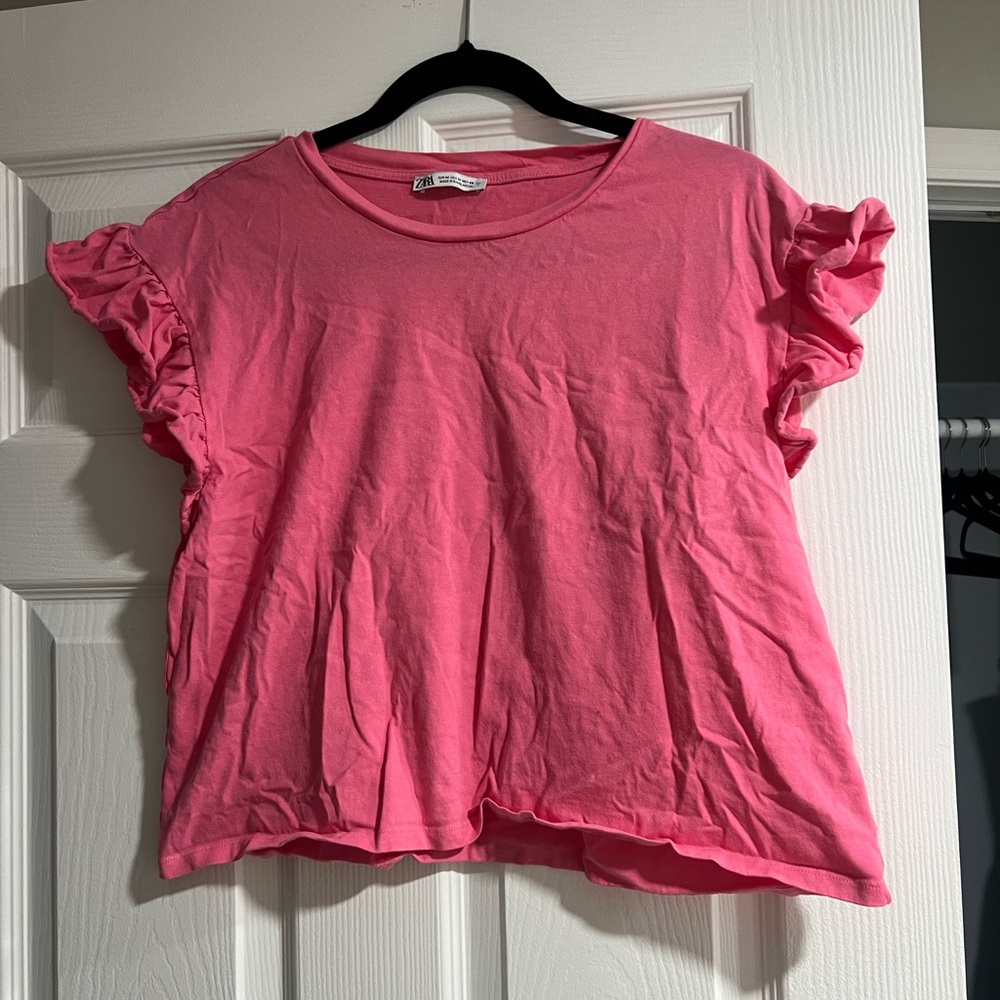 Zara Pink Short Sleeve Ruffle Top